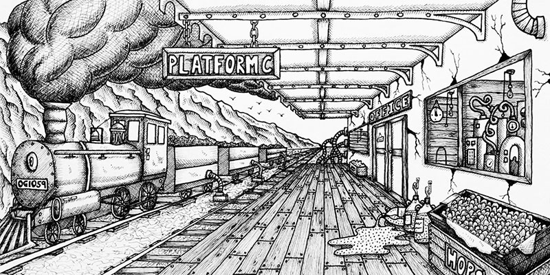 Steam train pen and ink drawing