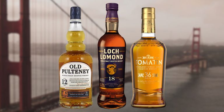 Old Pulteney, Loch Lomond and Tomatin whiskies